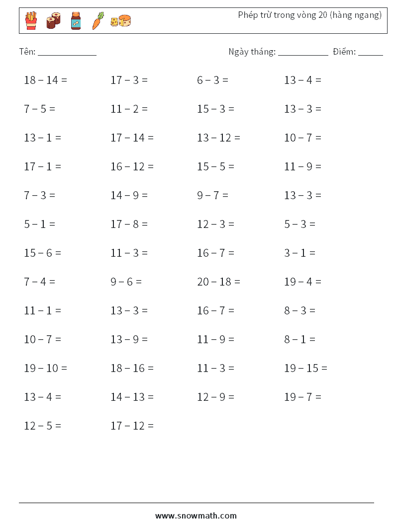 (50) Phép trừ trong vòng 20 (hàng ngang) Bảng tính toán học 9