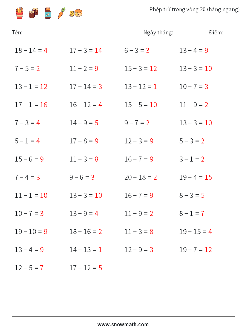 (50) Phép trừ trong vòng 20 (hàng ngang) Bảng tính toán học 9 Câu hỏi, câu trả lời