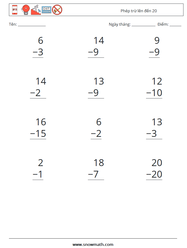 (12) Phép trừ lên đến 20 Bảng tính toán học 1