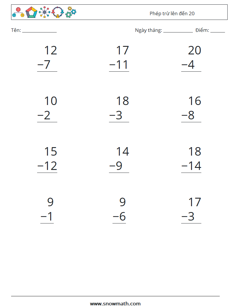 (12) Phép trừ lên đến 20 Bảng tính toán học 10