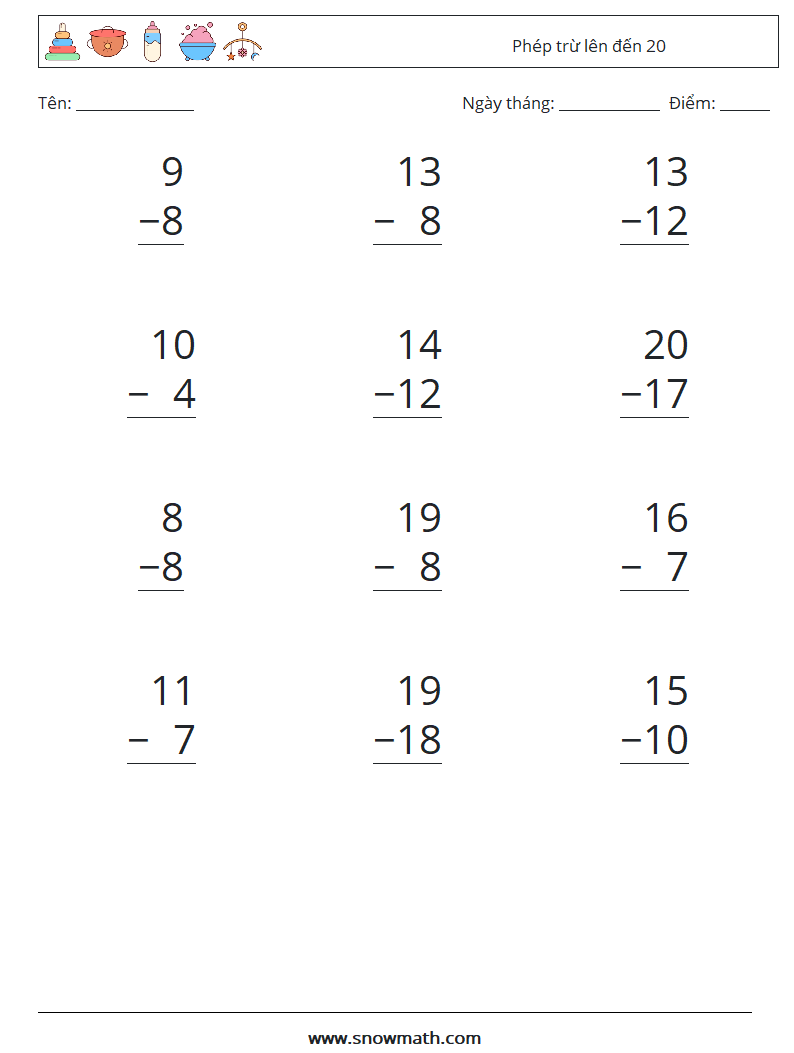 (12) Phép trừ lên đến 20 Bảng tính toán học 17