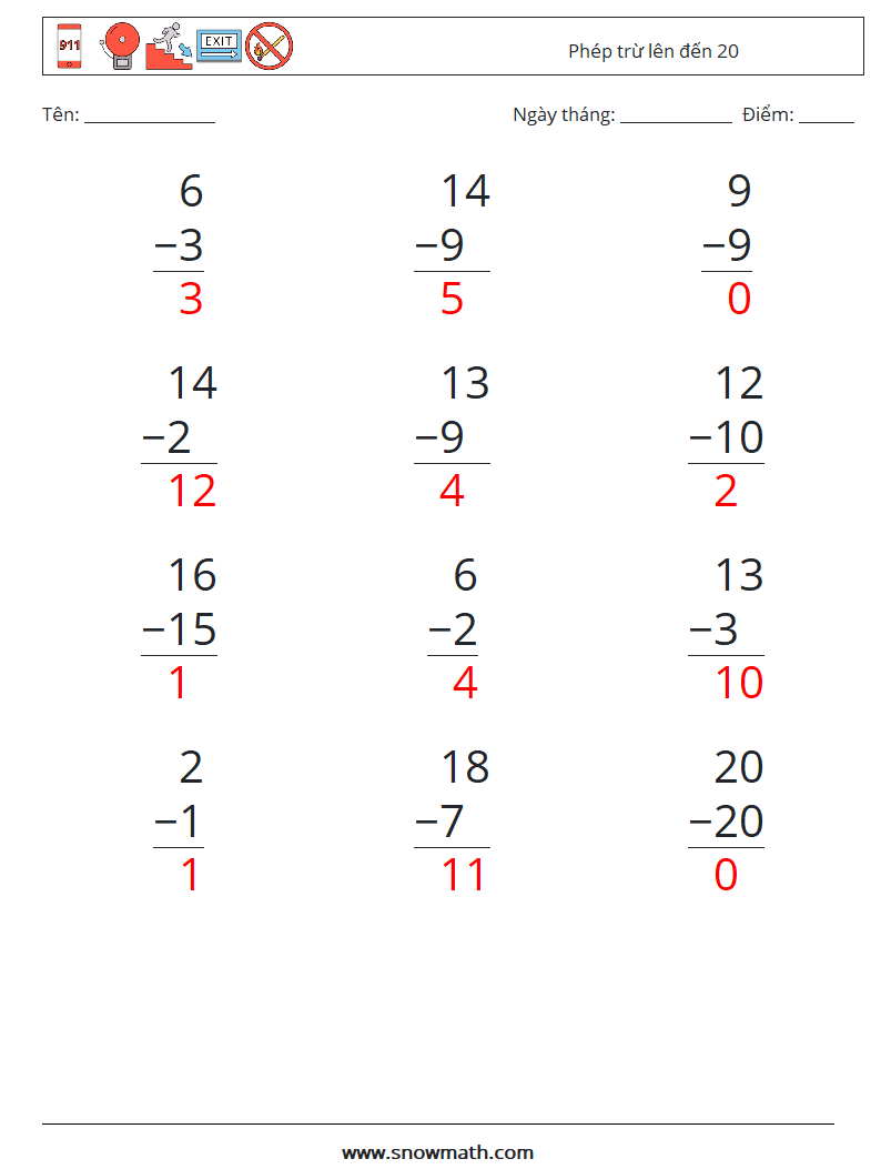 (12) Phép trừ lên đến 20 Bảng tính toán học 1 Câu hỏi, câu trả lời