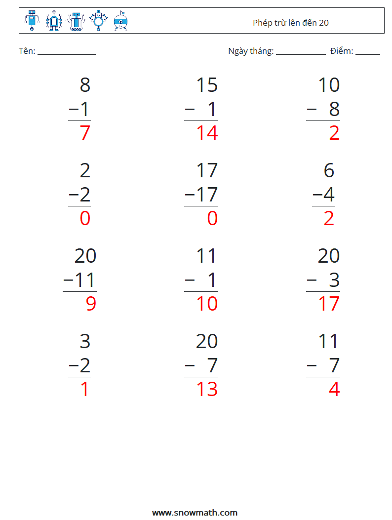 (12) Phép trừ lên đến 20 Bảng tính toán học 7 Câu hỏi, câu trả lời