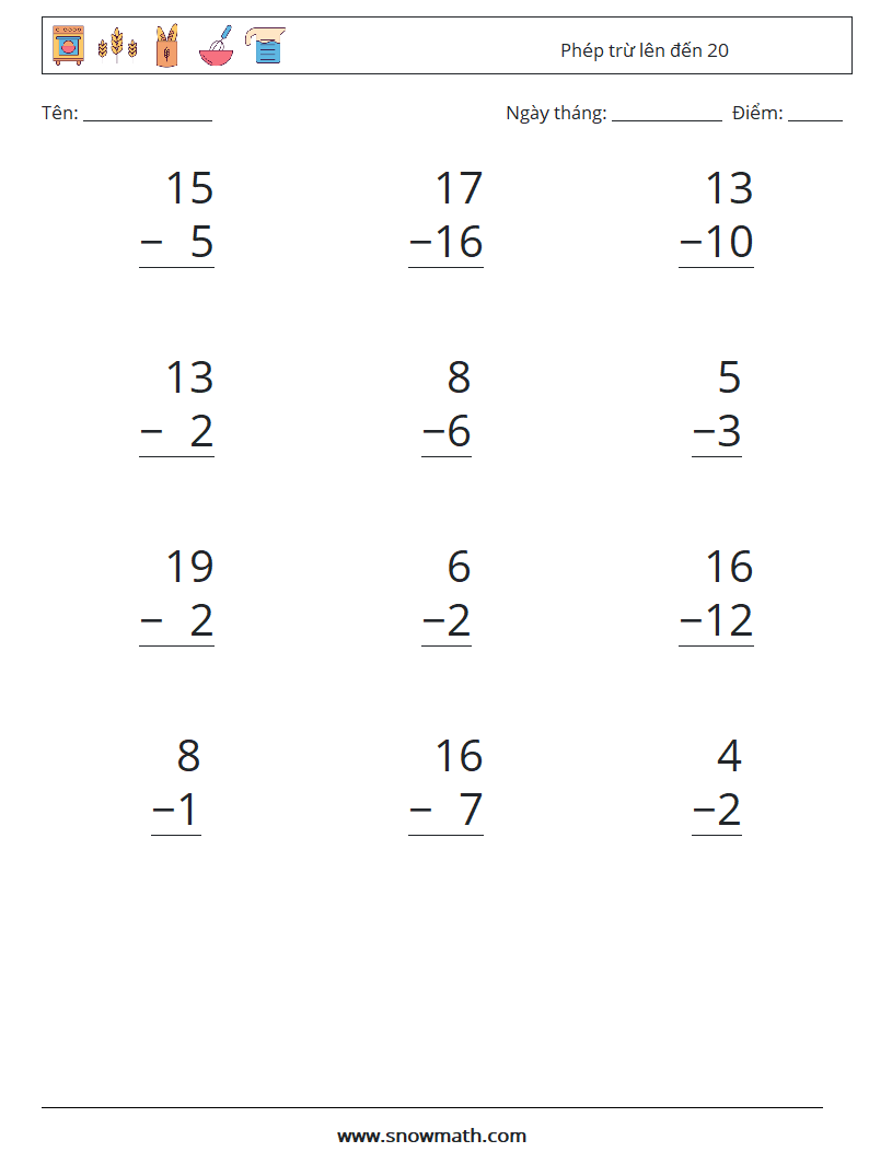 (12) Phép trừ lên đến 20 Bảng tính toán học 9
