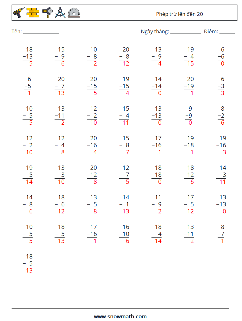 (50) Phép trừ lên đến 20 Bảng tính toán học 17 Câu hỏi, câu trả lời