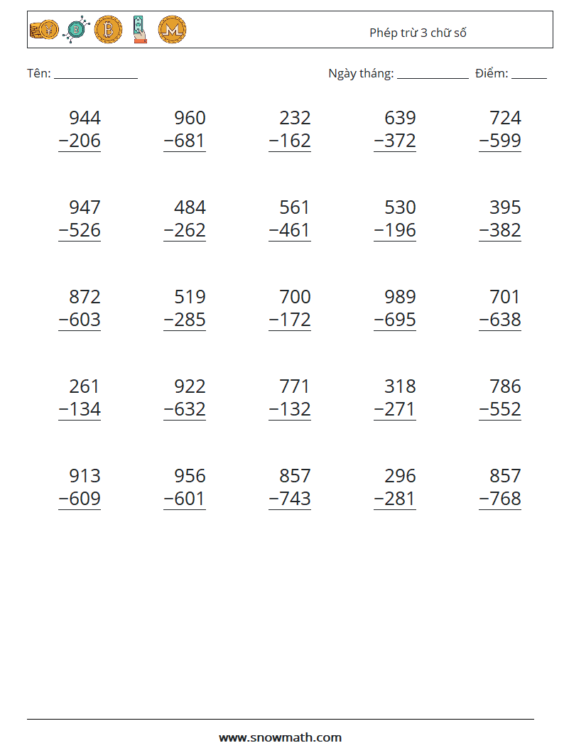 (25) Phép trừ 3 chữ số Bảng tính toán học 3