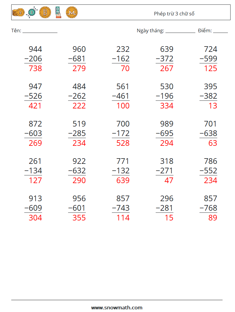 (25) Phép trừ 3 chữ số Bảng tính toán học 3 Câu hỏi, câu trả lời