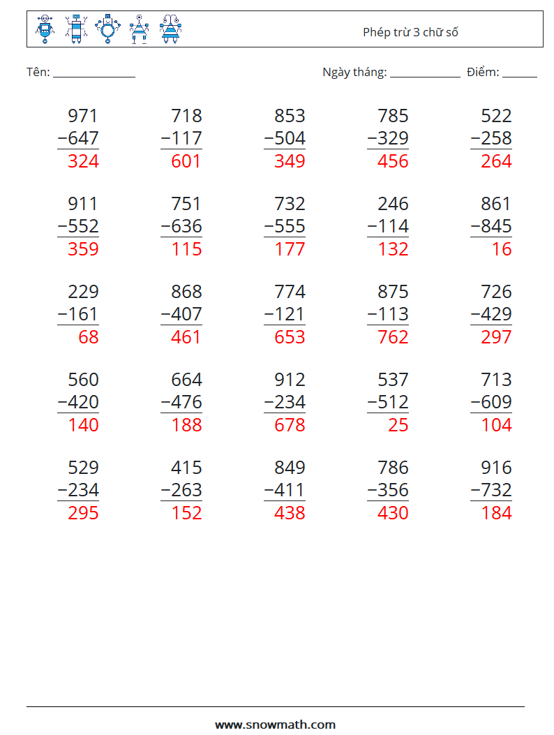 (25) Phép trừ 3 chữ số Bảng tính toán học 5 Câu hỏi, câu trả lời