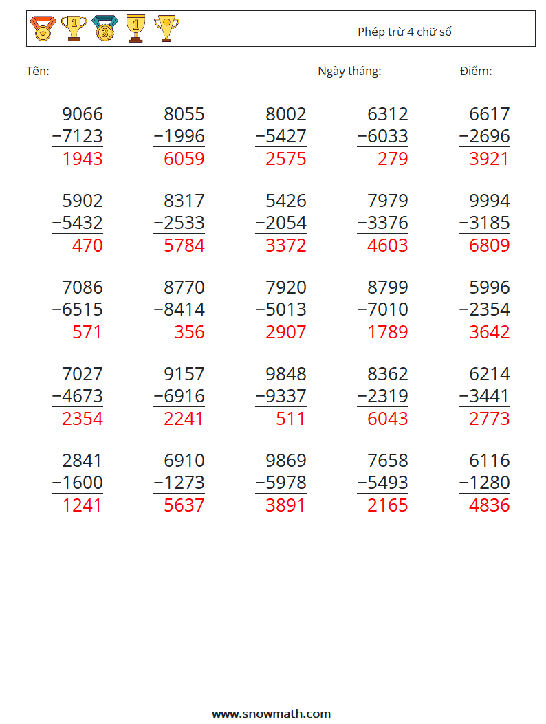(25) Phép trừ 4 chữ số Bảng tính toán học 9 Câu hỏi, câu trả lời