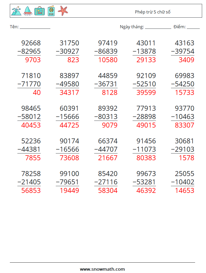 (25) Phép trừ 5 chữ số Bảng tính toán học 8 Câu hỏi, câu trả lời