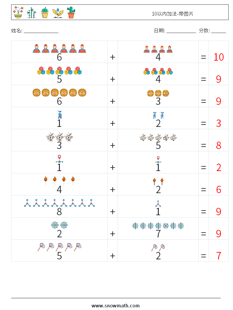 10以内加法-带图片 数学练习题 18 问题,解答