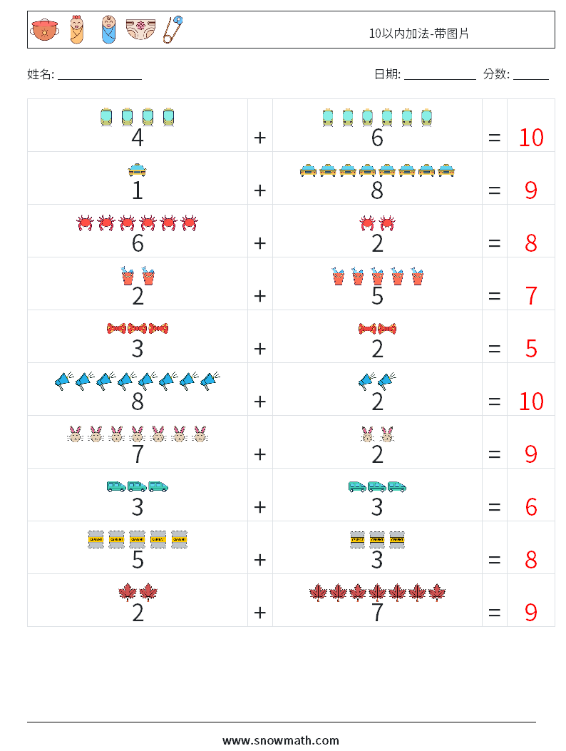 10以内加法-带图片 数学练习题 7 问题,解答