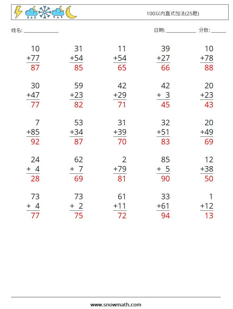 100以内直式加法(25题) 数学练习题 15 问题,解答