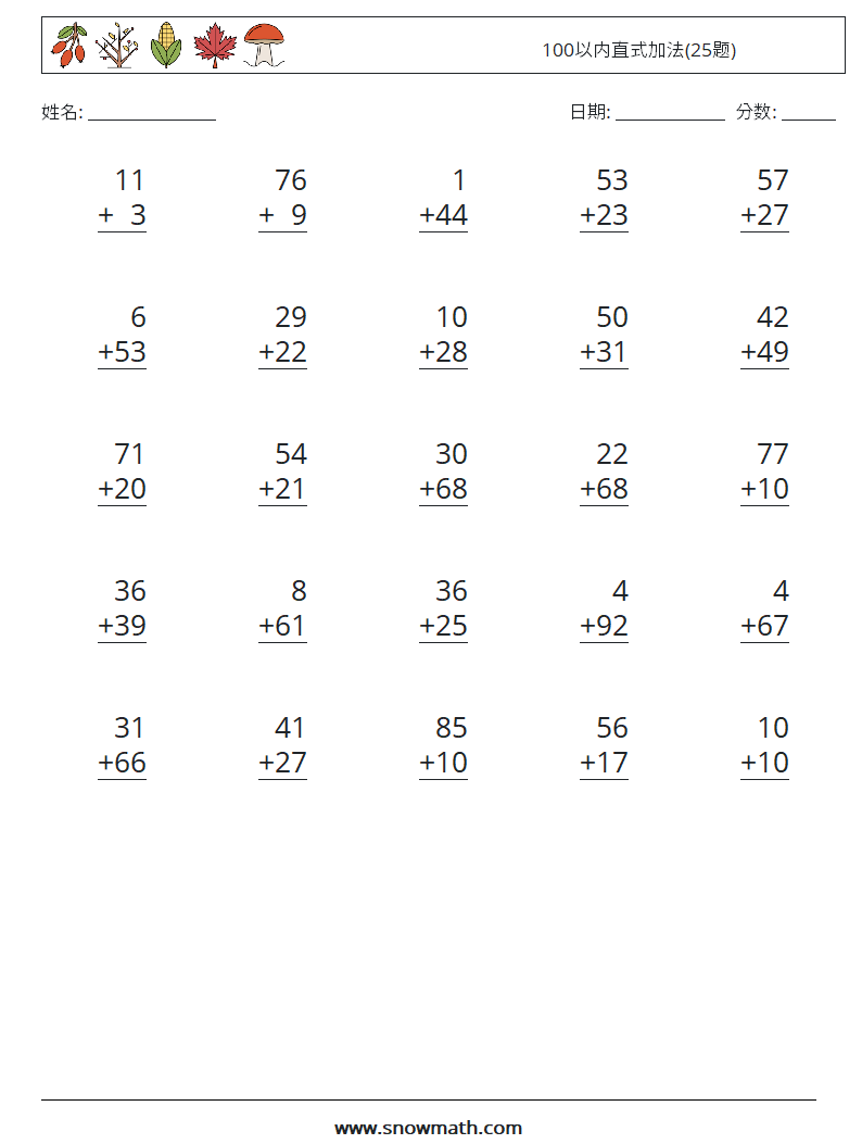 100以内直式加法(25题) 数学练习题 6