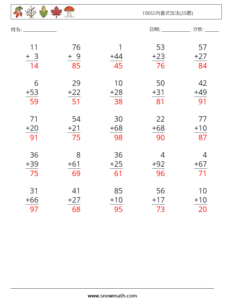 100以内直式加法(25题) 数学练习题 6 问题,解答