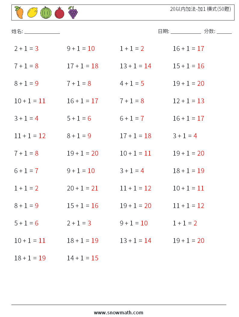 20以内加法-加1 横式(50题) 数学练习题 8 问题,解答
