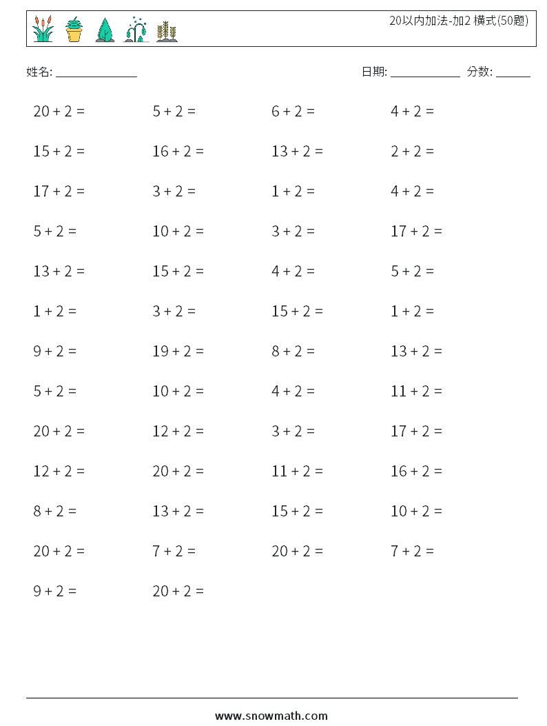 20以内加法-加2 横式(50题) 数学练习题 7