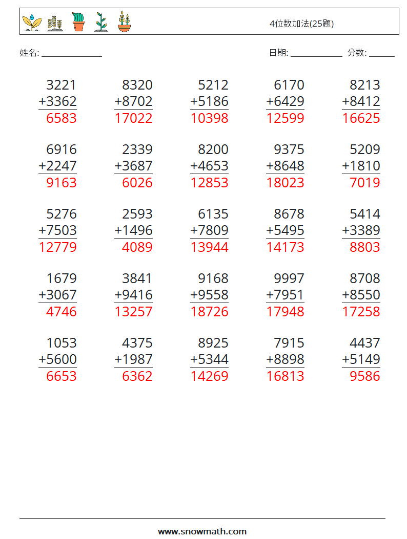 4位数加法(25题) 数学练习题 12 问题,解答