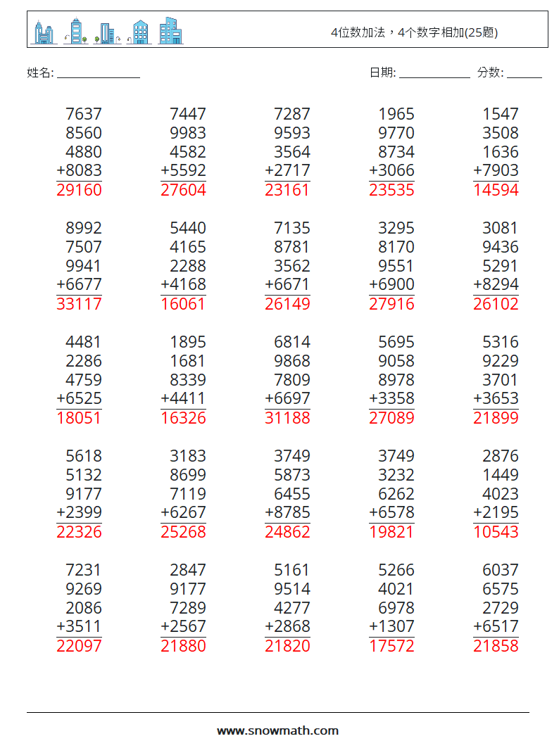 4位数加法，4个数字相加(25题) 数学练习题 9 问题,解答