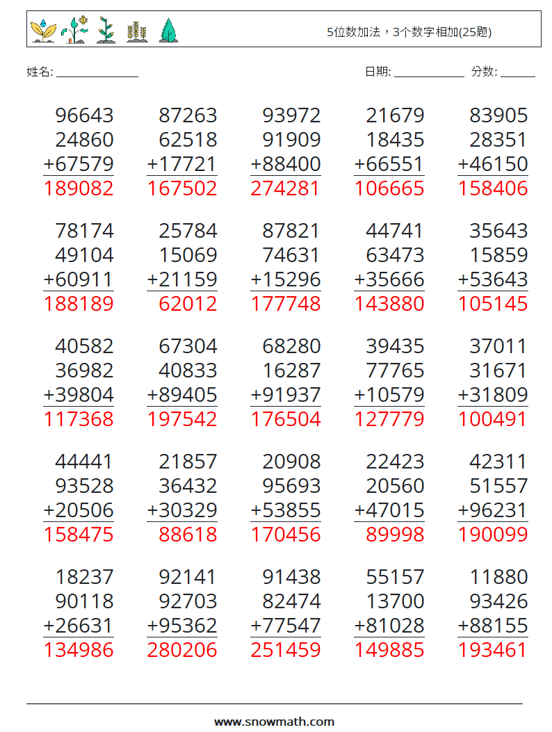 5位数加法，3个数字相加(25题) 数学练习题 16 问题,解答