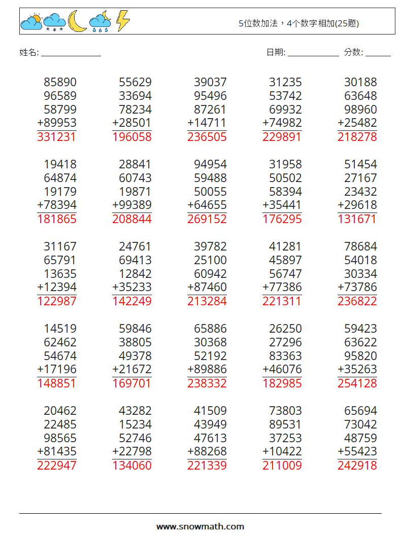 5位数加法，4个数字相加(25题) 数学练习题 18 问题,解答