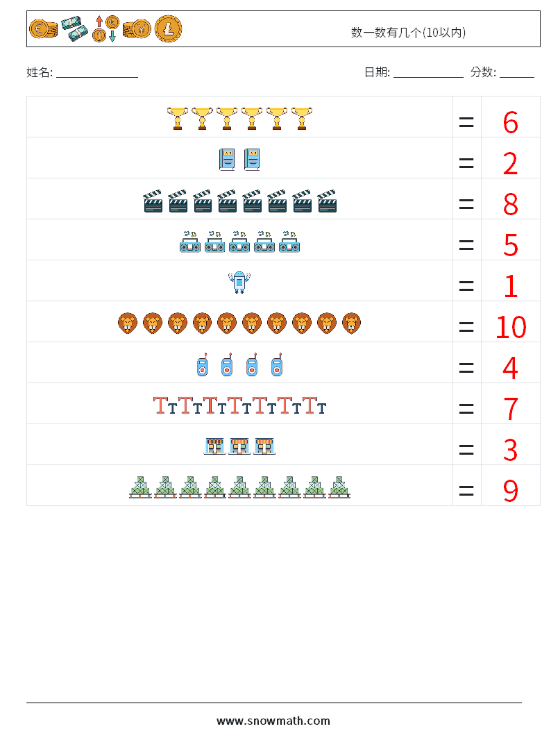 数一数有几个(10以内) 数学练习题 17 问题,解答