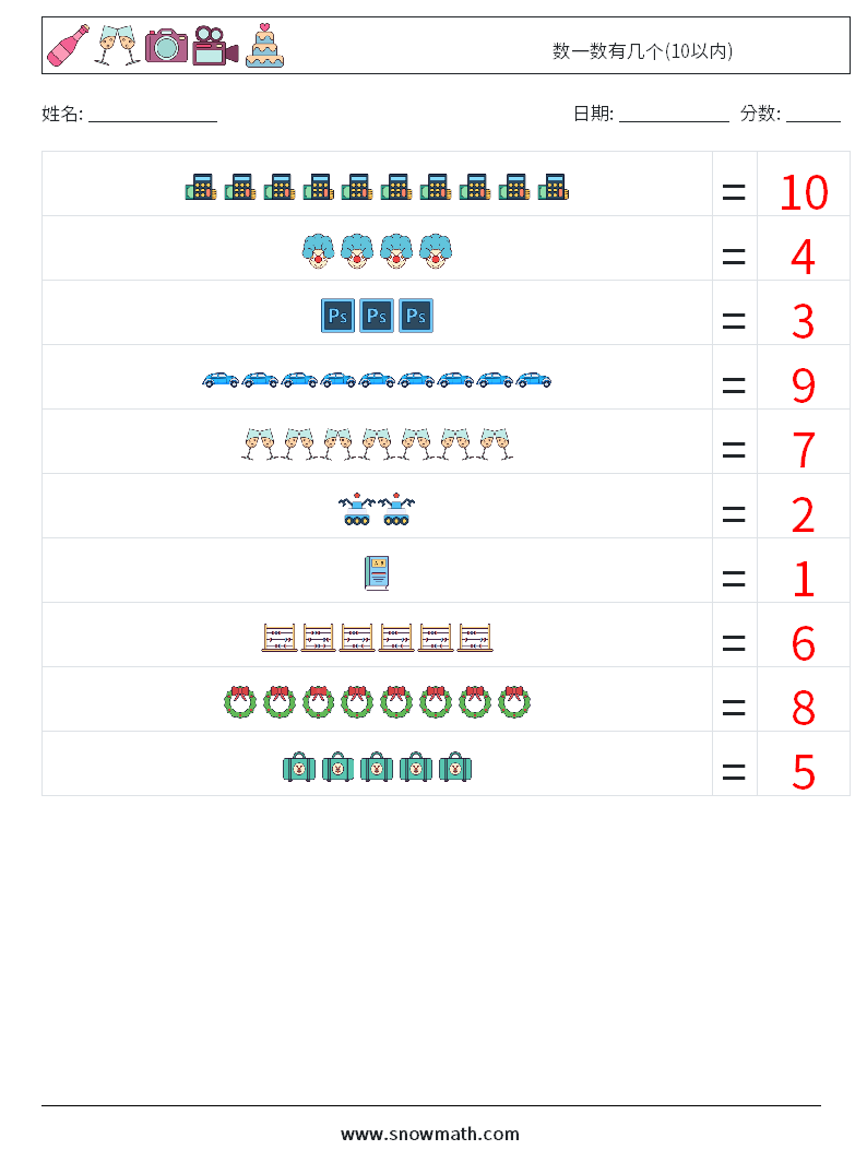 数一数有几个(10以内) 数学练习题 2 问题,解答