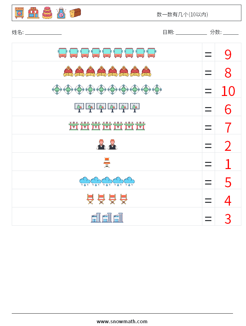 数一数有几个(10以内) 数学练习题 5 问题,解答