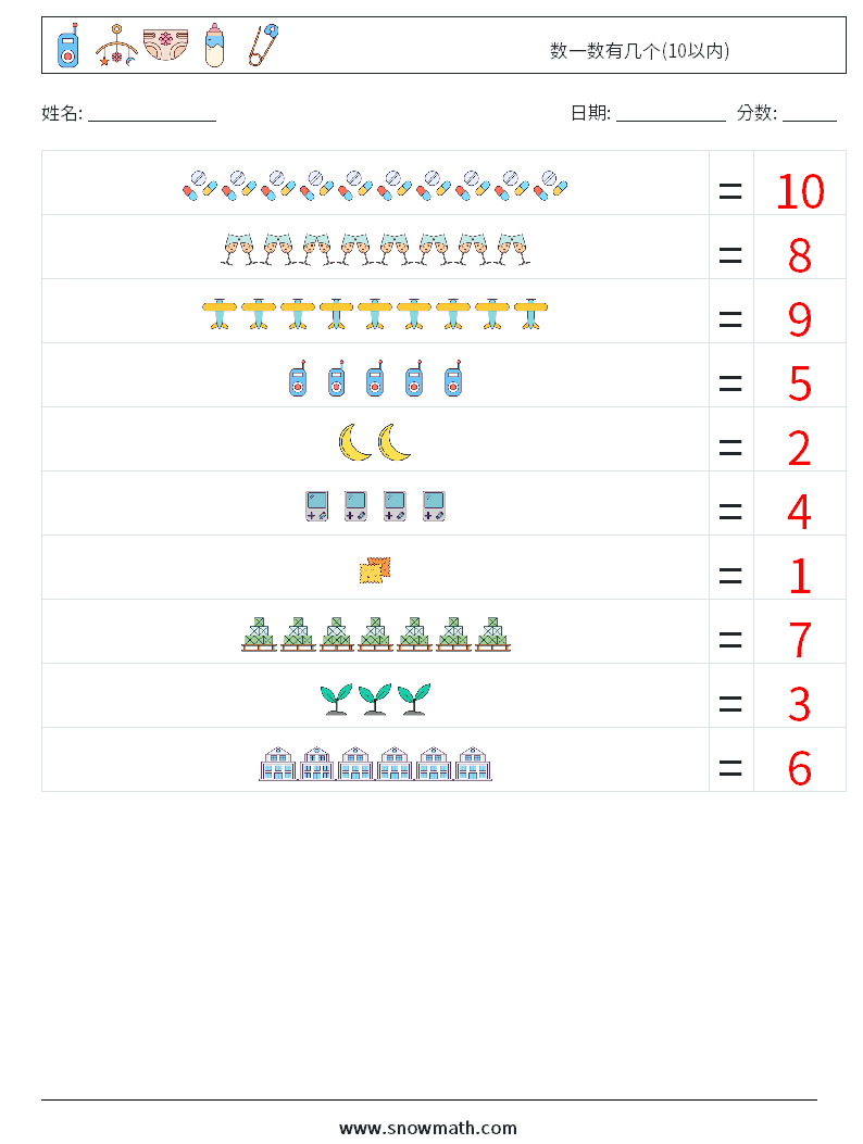 数一数有几个(10以内) 数学练习题 7 问题,解答