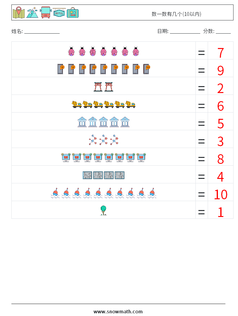 数一数有几个(10以内) 数学练习题 8 问题,解答