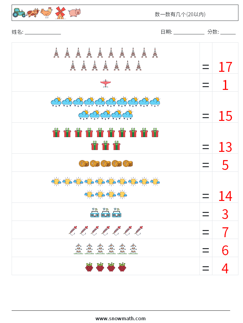 数一数有几个(20以内) 数学练习题 12 问题,解答