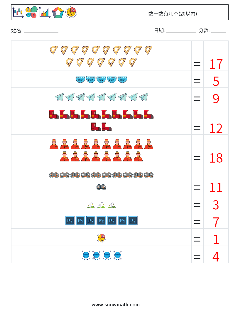 数一数有几个(20以内) 数学练习题 13 问题,解答