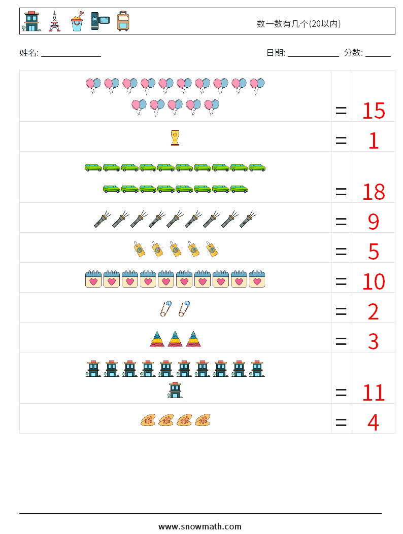 数一数有几个(20以内) 数学练习题 3 问题,解答