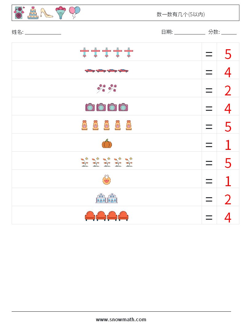 数一数有几个(5以内) 数学练习题 14 问题,解答