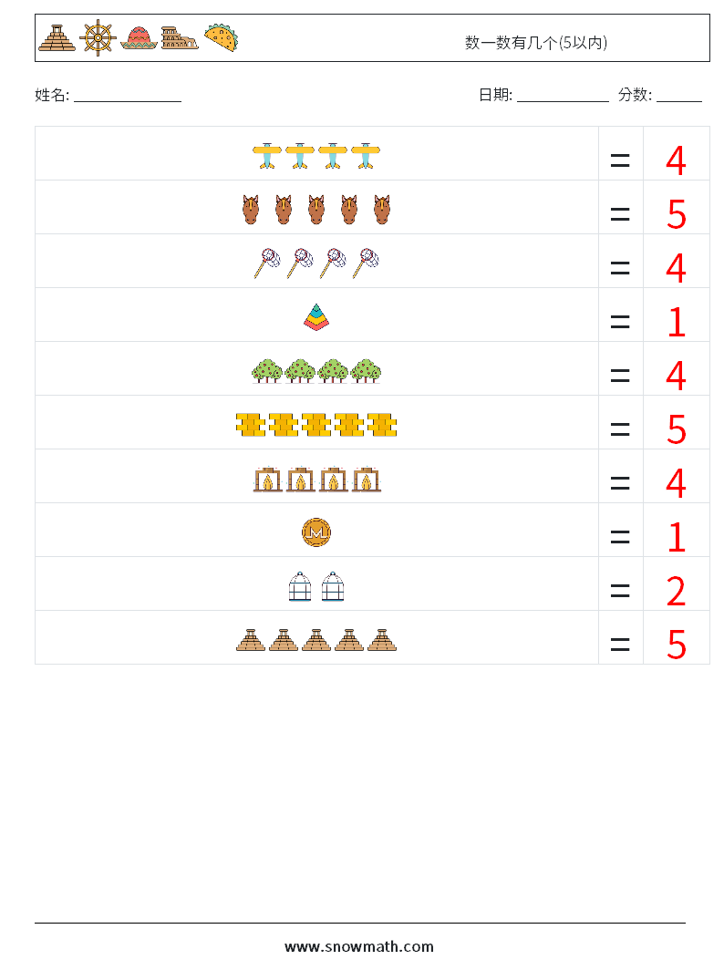 数一数有几个(5以内) 数学练习题 2 问题,解答