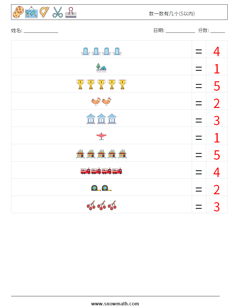 数一数有几个(5以内) 数学练习题 6 问题,解答
