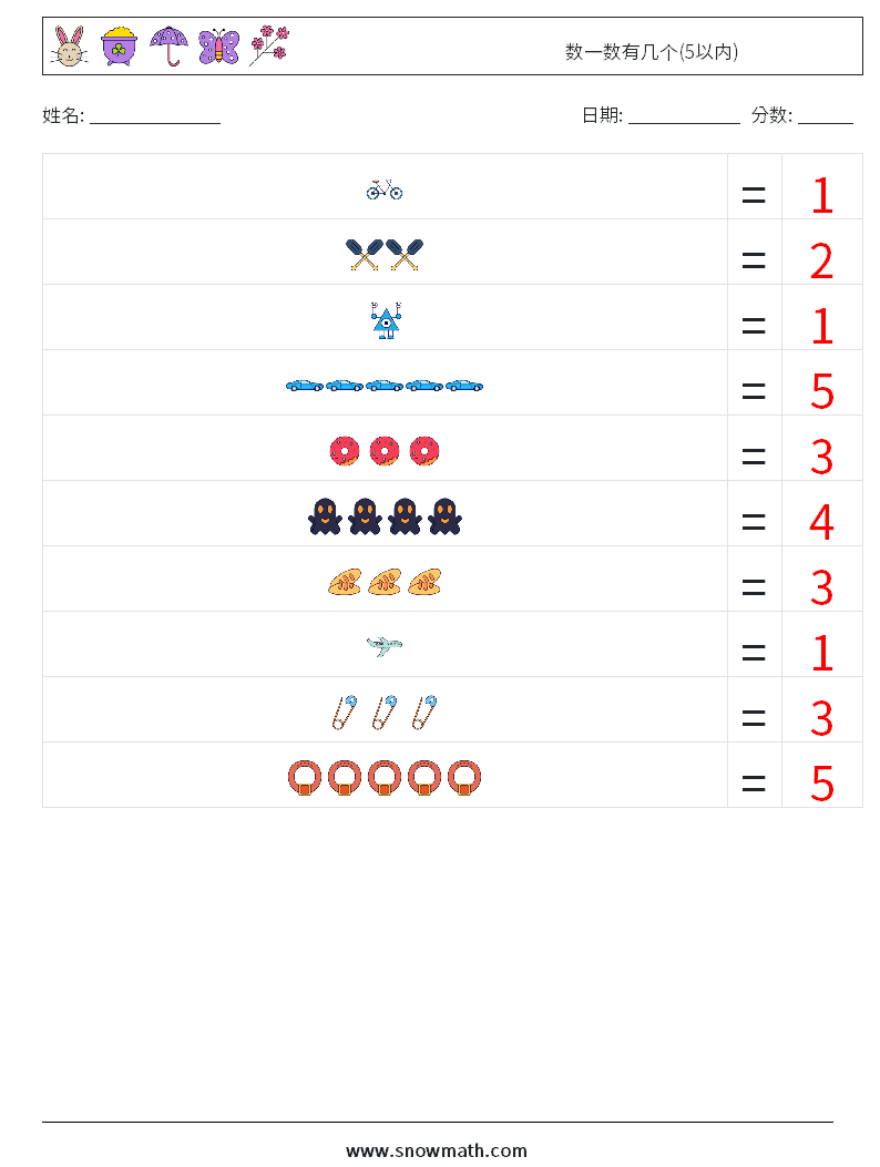 数一数有几个(5以内) 数学练习题 9 问题,解答