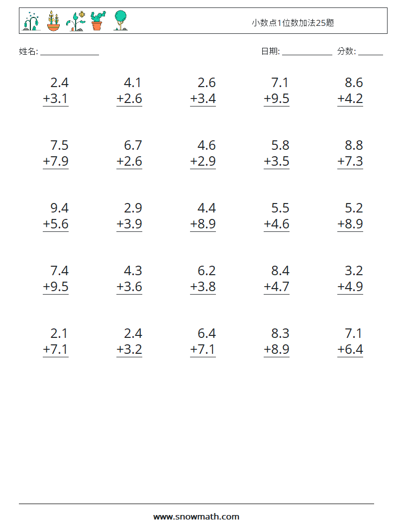 小数点1位数加法25题 数学练习题 1