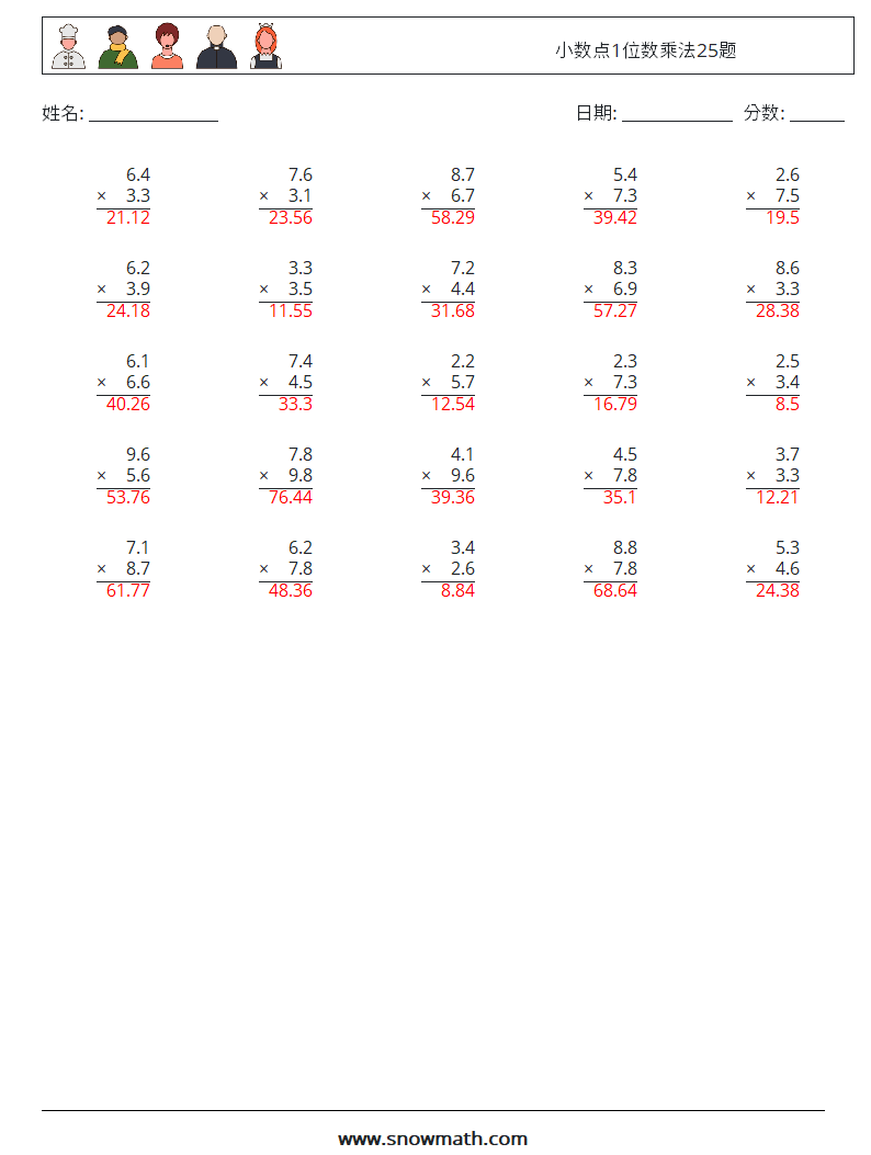 小数点1位数乘法25题 数学练习题 15 问题,解答