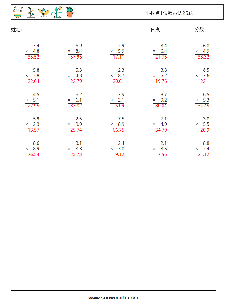 小数点1位数乘法25题 数学练习题 9 问题,解答