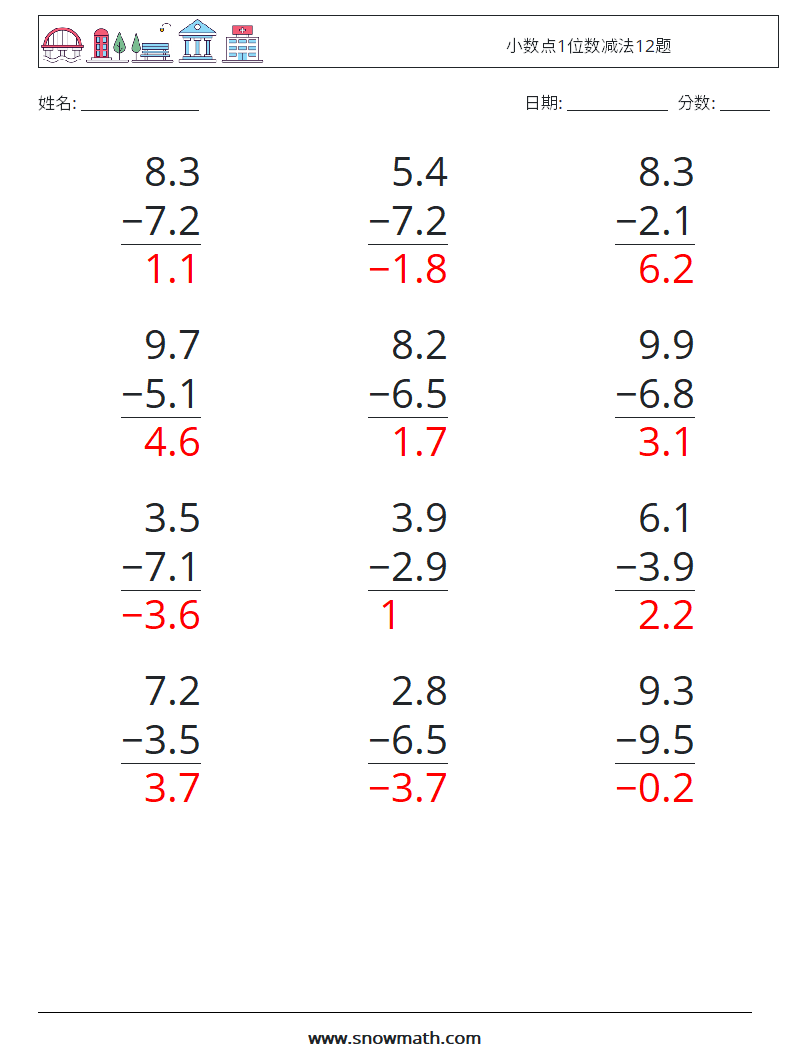 小数点1位数减法12题 数学练习题 2 问题,解答