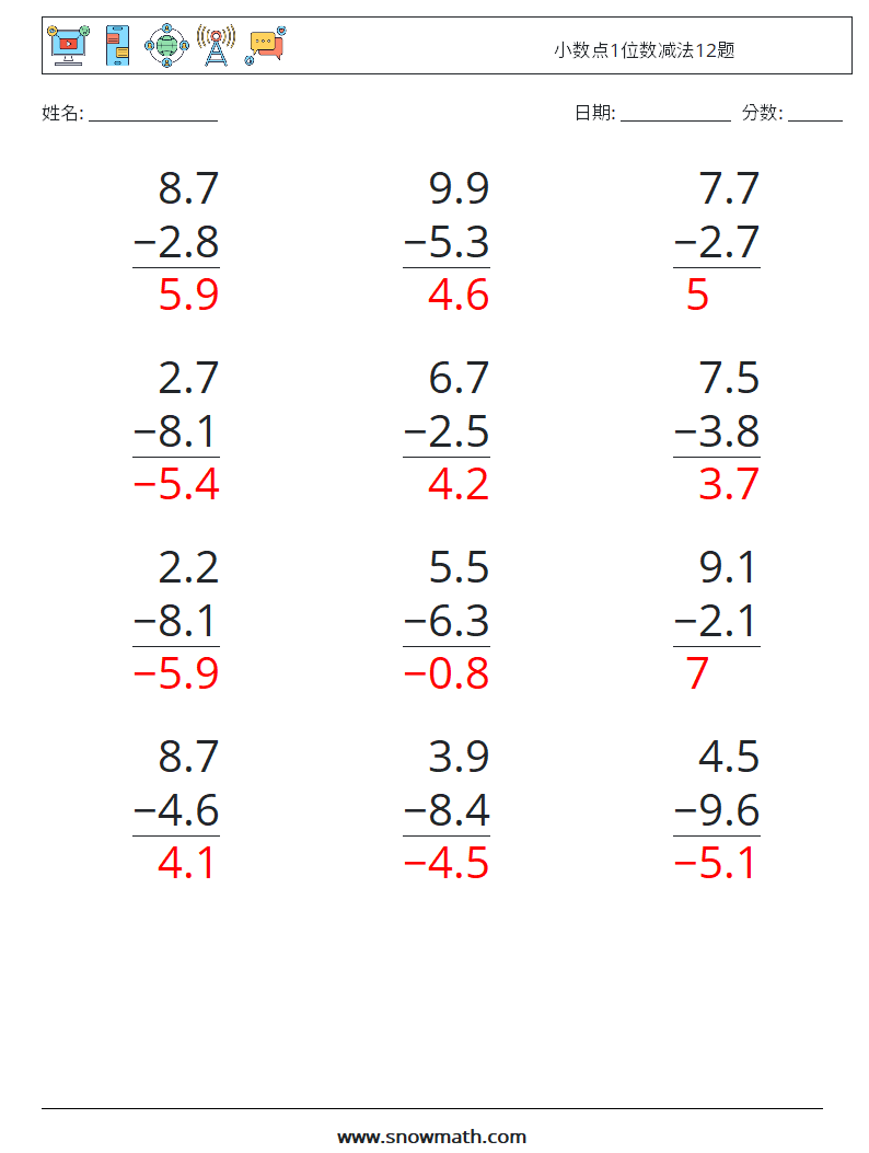 小数点1位数减法12题 数学练习题 3 问题,解答