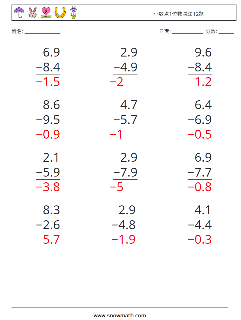 小数点1位数减法12题 数学练习题 6 问题,解答