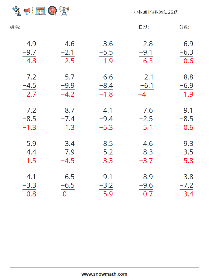 小数点1位数减法25题 数学练习题 4 问题,解答