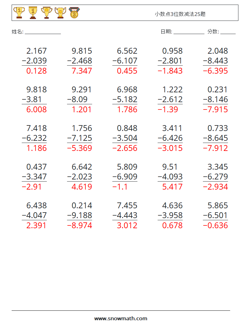 小数点3位数减法25题 数学练习题 18 问题,解答
