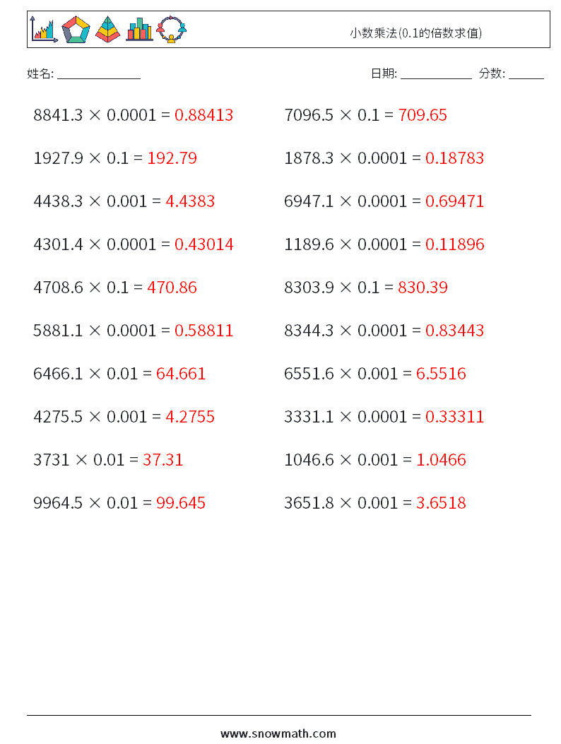 小数乘法(0.1的倍数求值) 数学练习题 8 问题,解答