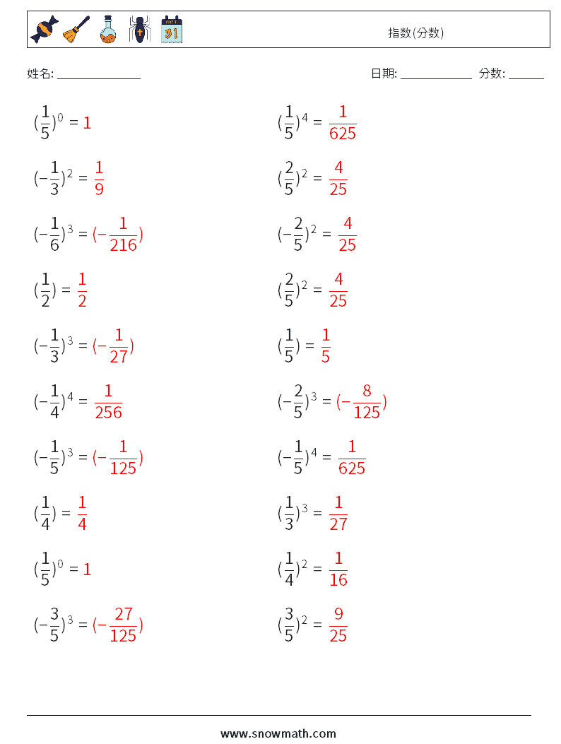 指数(分数) 数学练习题 6 问题,解答