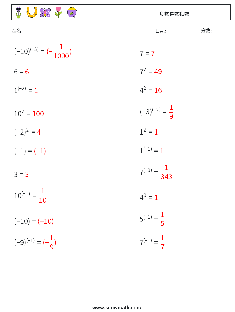 负数整数指数 数学练习题 6 问题,解答