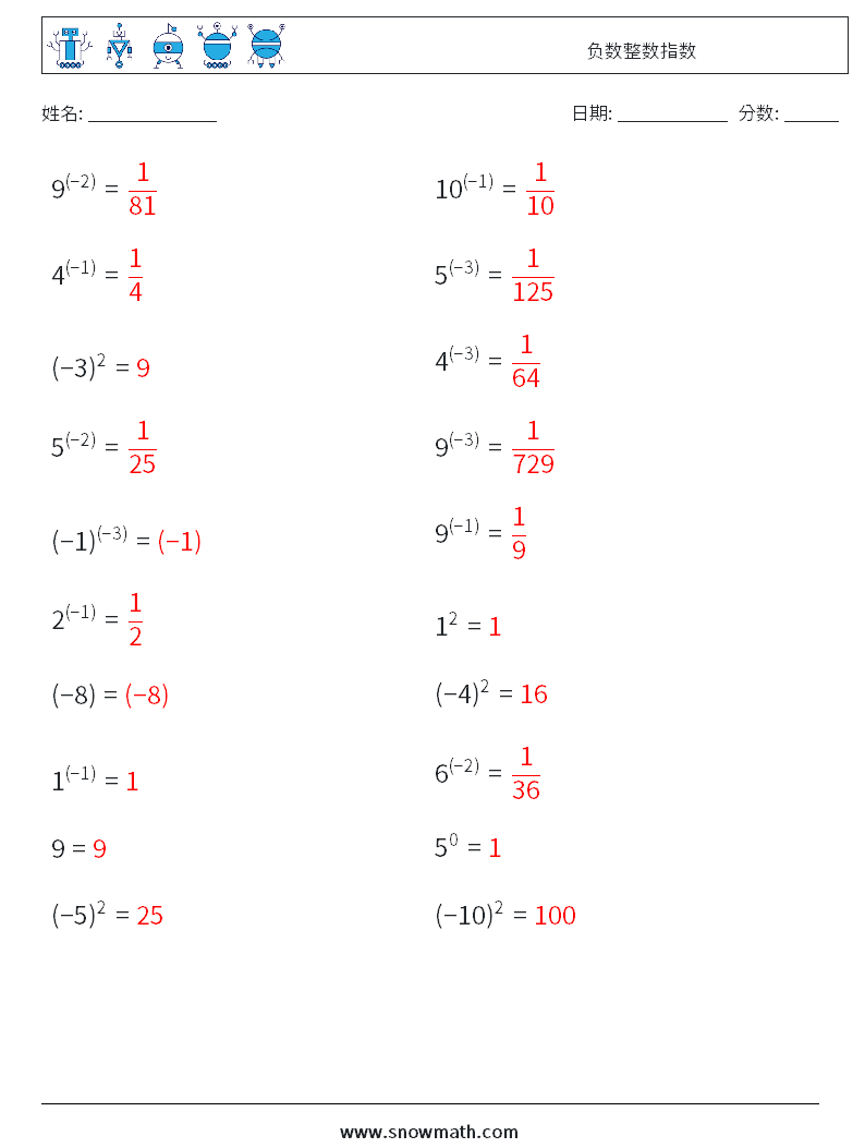 负数整数指数 数学练习题 9 问题,解答