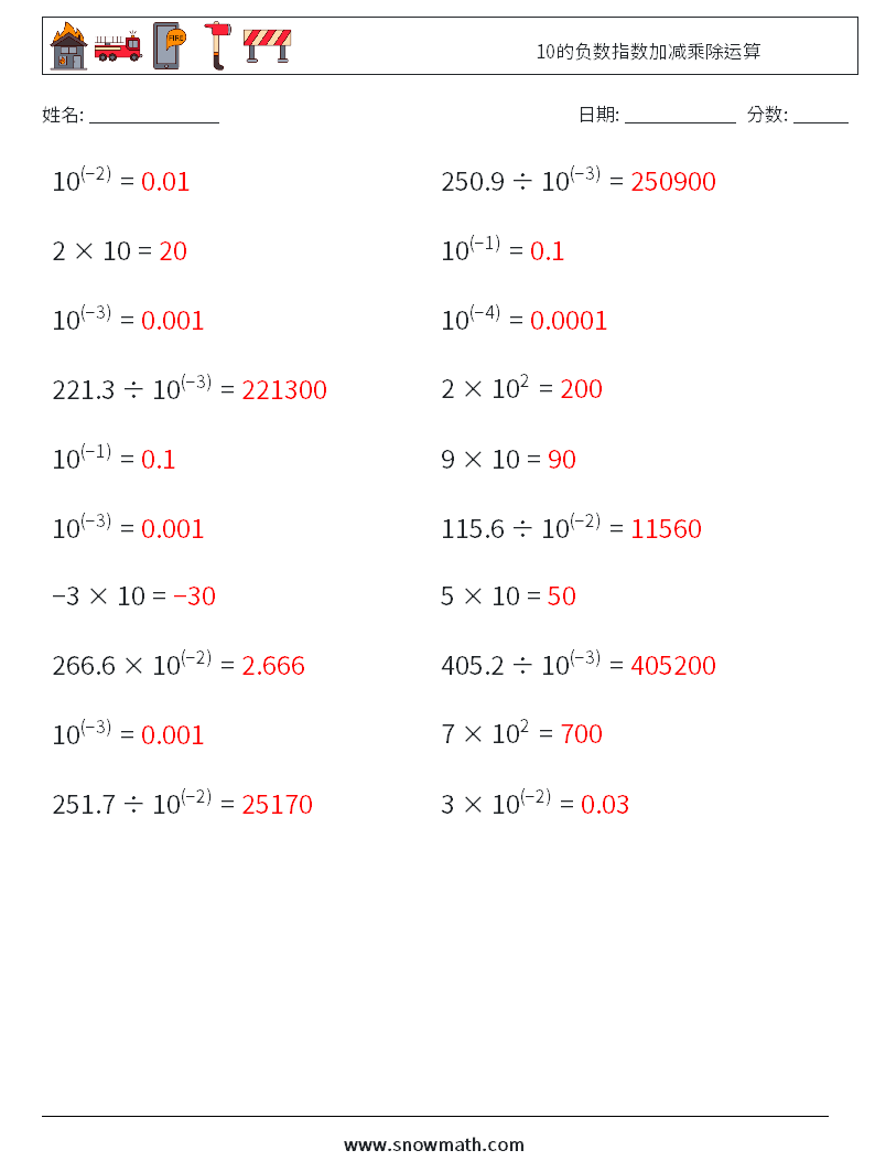 10的负数指数加减乘除运算 数学练习题 1 问题,解答